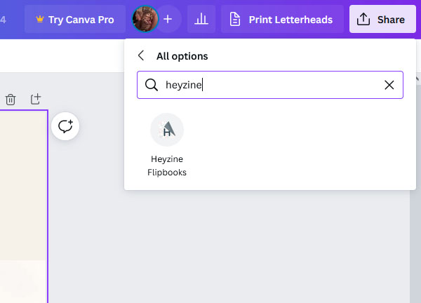 Look for heyzine in Canva