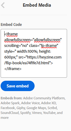 Step 5, paste embed code in Adobe Portfolio